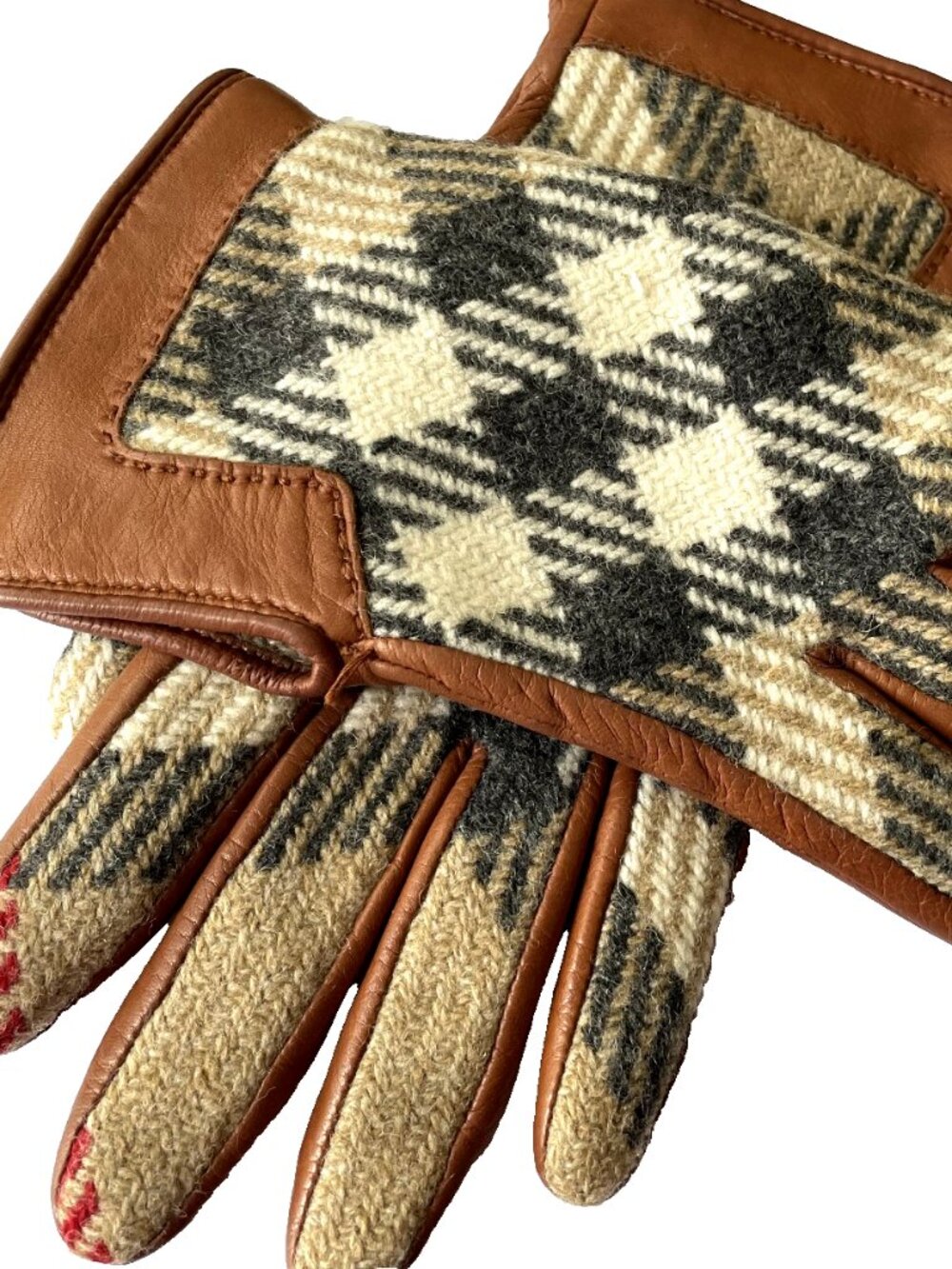 BURBERRY ICONIC PLAID Pattern 100% WOOL, LEATHER, CASHMERE Womens Gloves -Lined - Picture 3 of 16